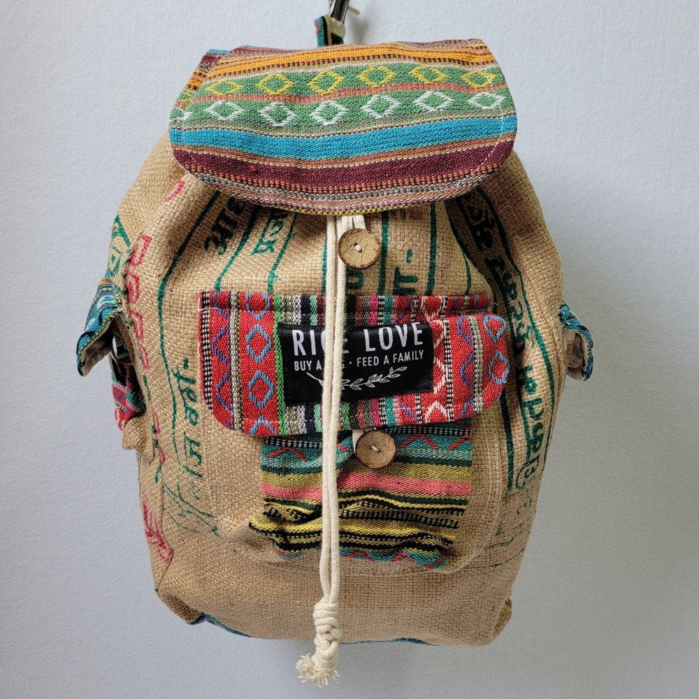 Rice Love Upcycled Jute Burlap Travel Backpack One of a Kind Boho